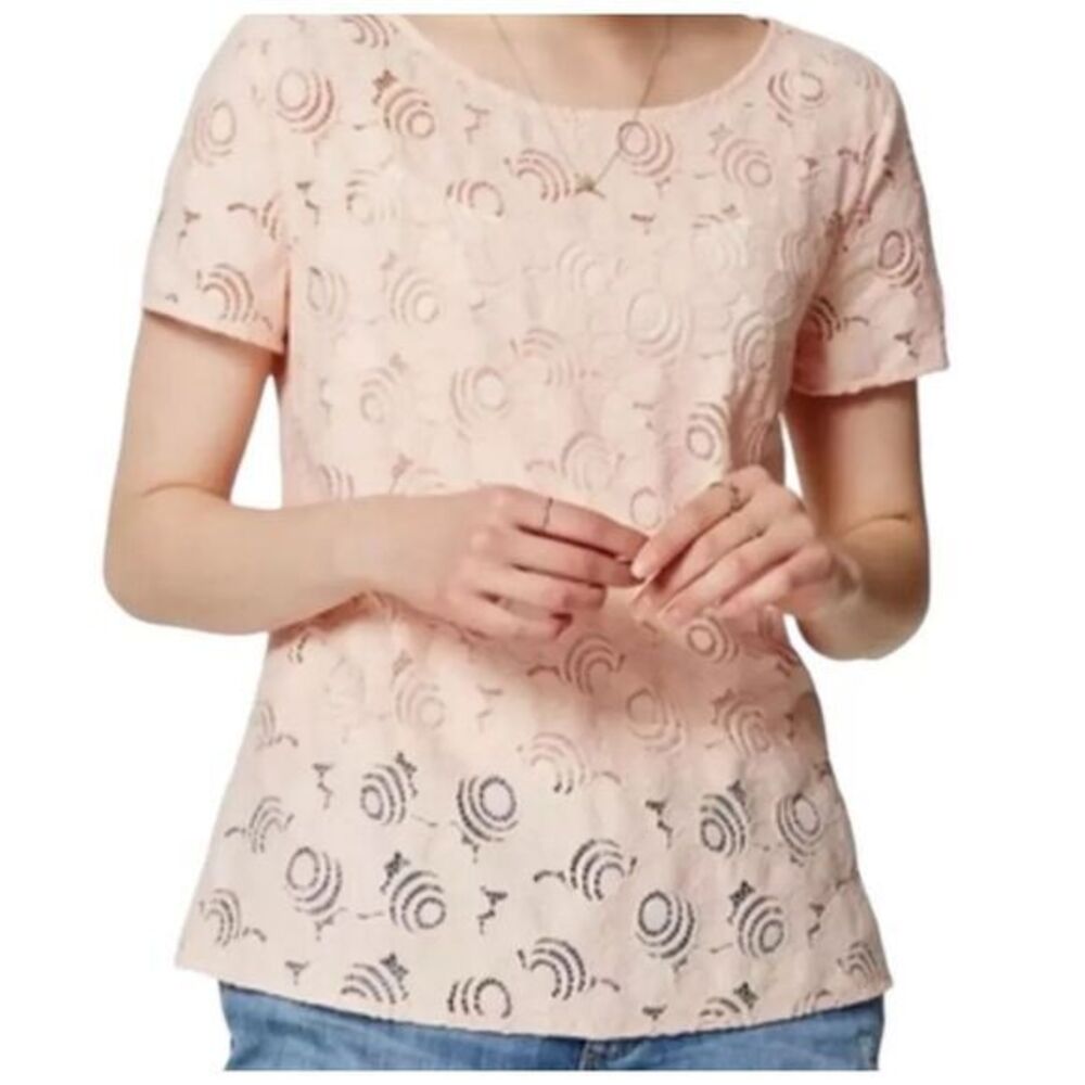 LOFT‎ Women M Peachy-Pink Lace Short Sleeve Top Soft Girl Formal Office Cottage